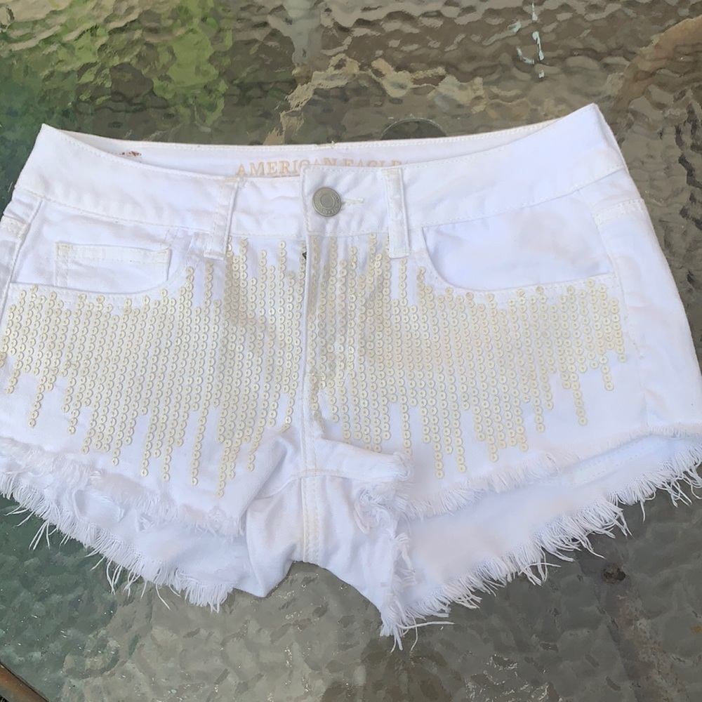 AEO Distressed White Cut-offs with Matte Sequins